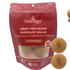 Massage balls with cork material and Rawlogy logo, shown in packaging with text