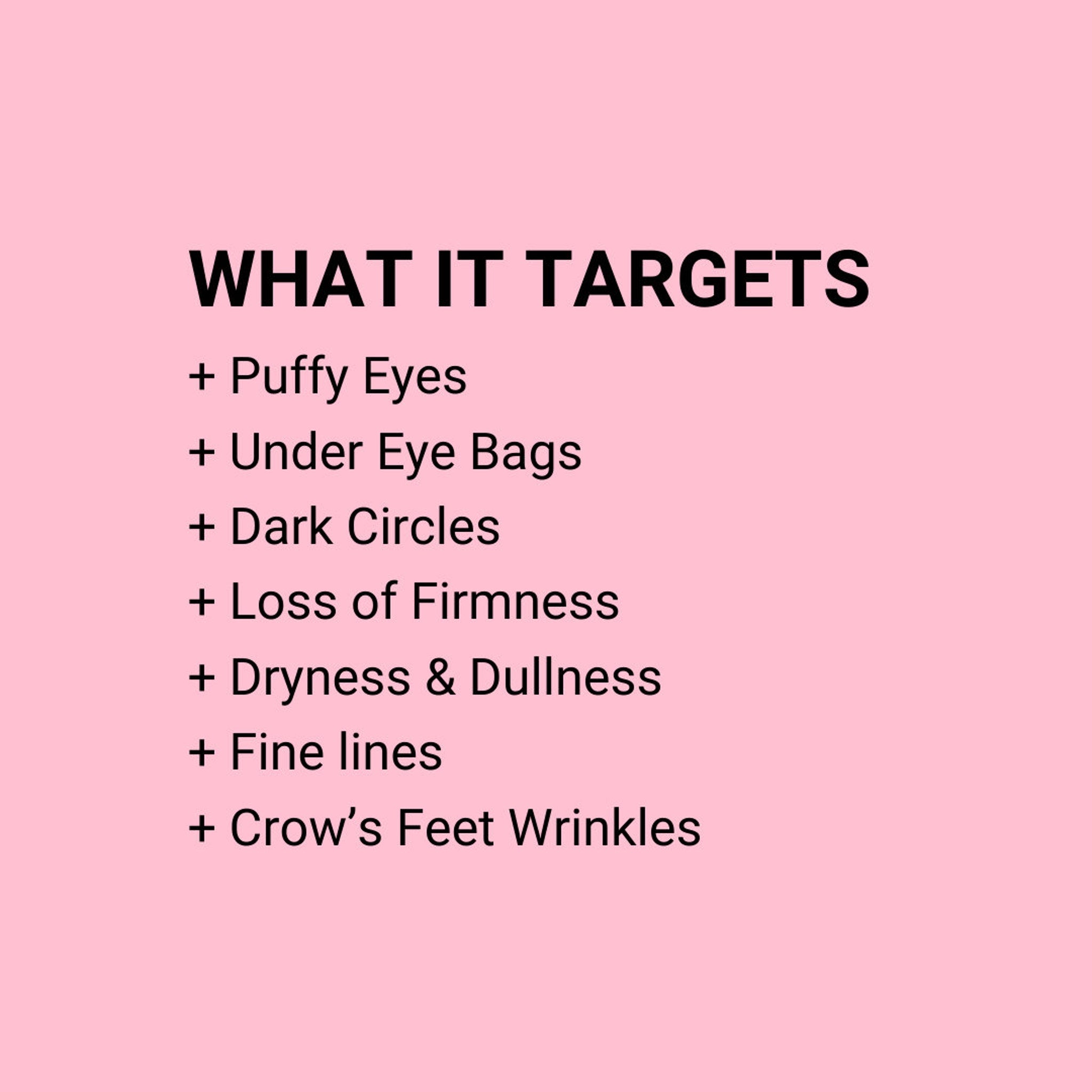 Eye treatment targets list in black text on pink background, with text "WHAT IT TARGETS" visible