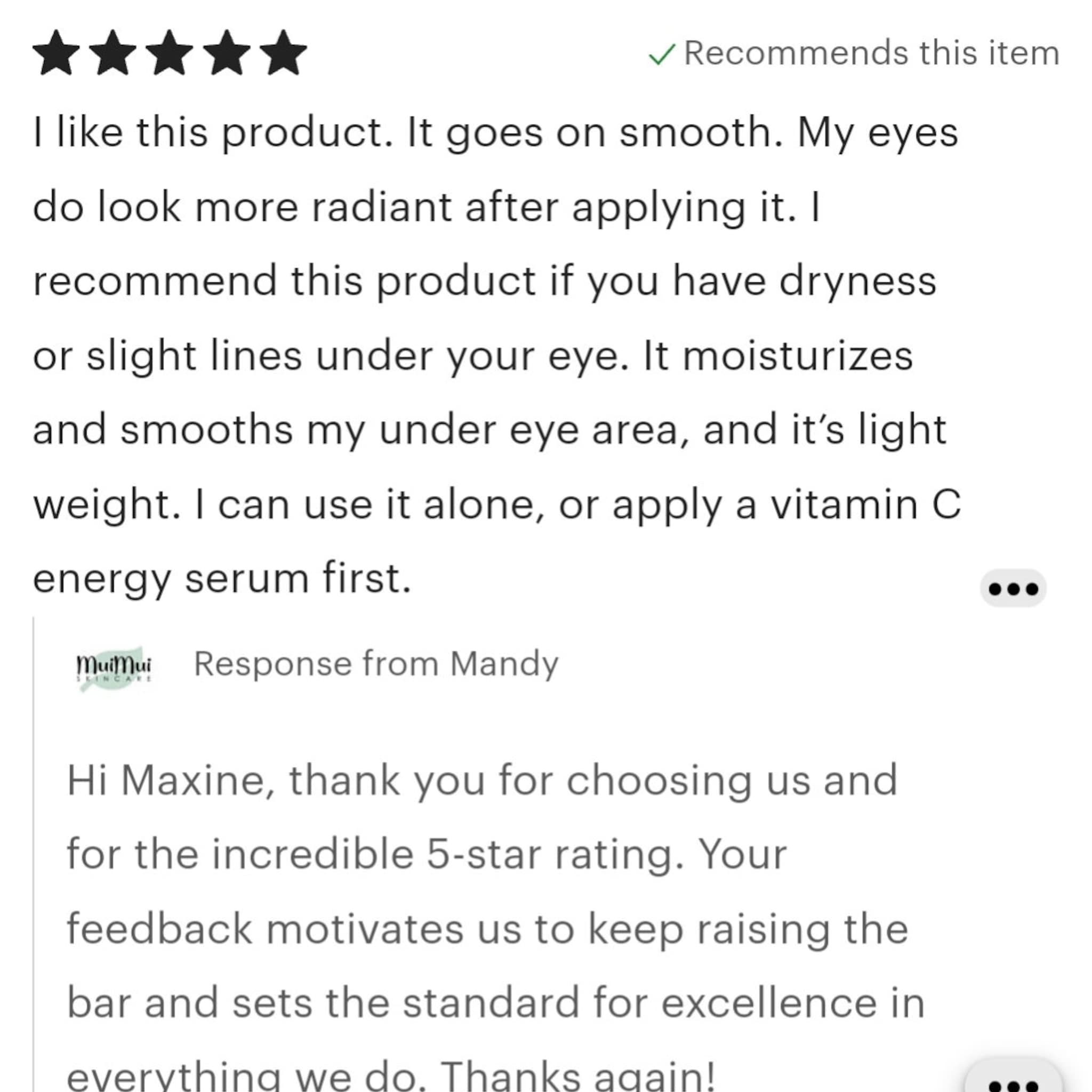 Customer review with five black stars and white text on a white background, Muimui logo visible