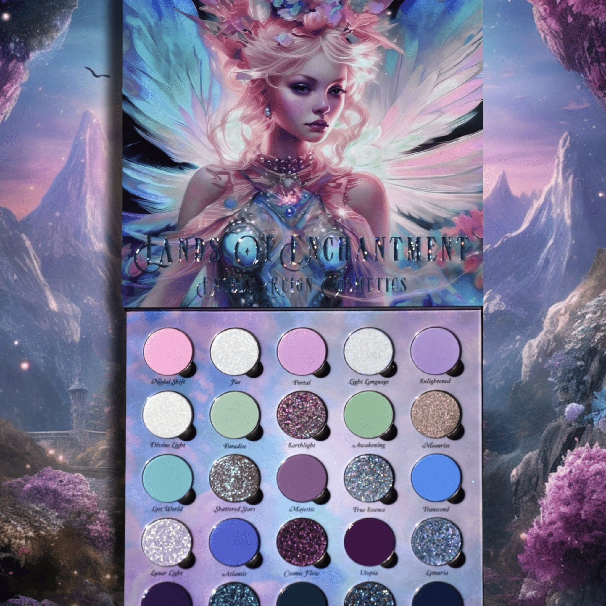 Open Lands of Enchantment palette showing six duo-chrome eyeshadows in iridescent packaging with gold trim