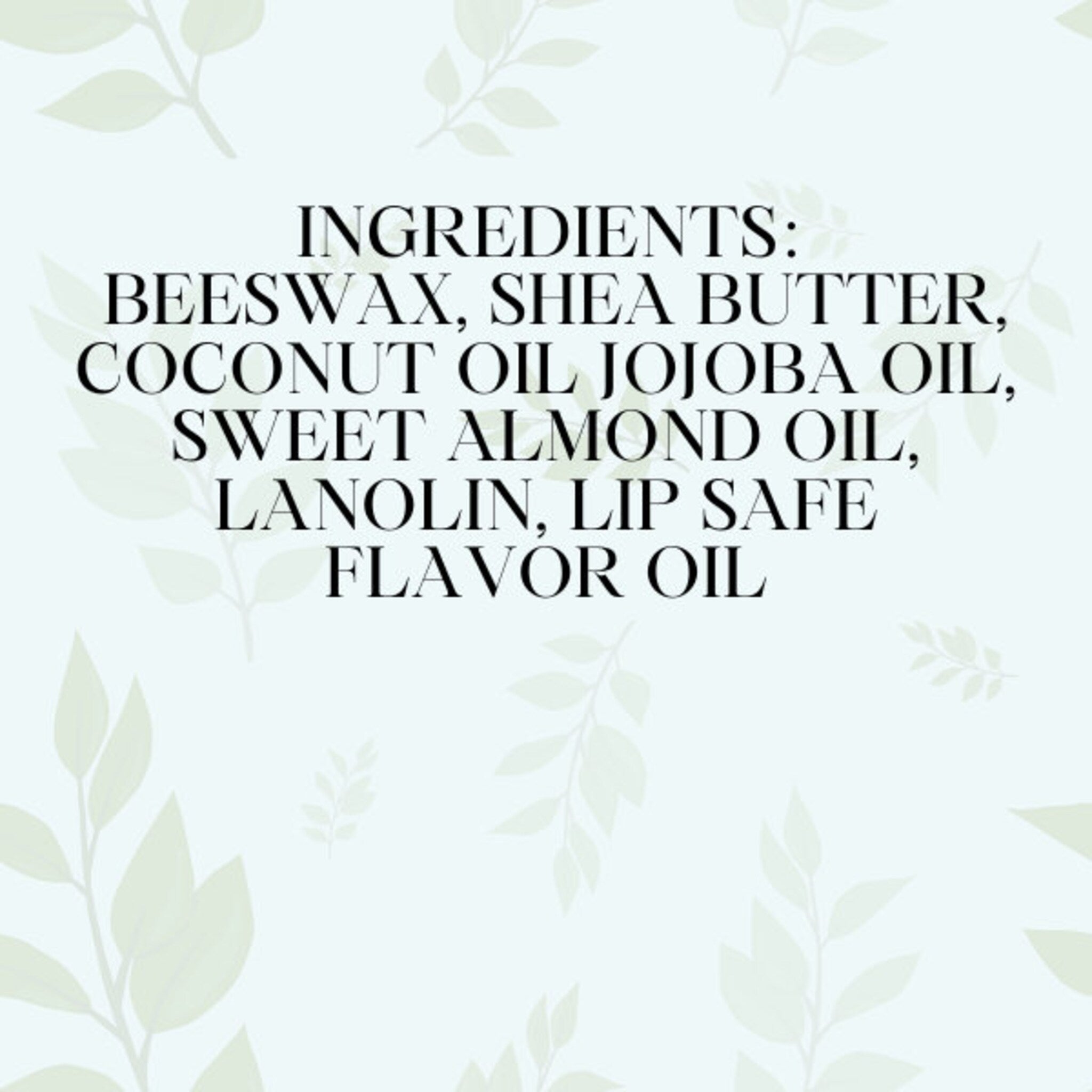 Ingredients list with black text, white background, and green leaf design