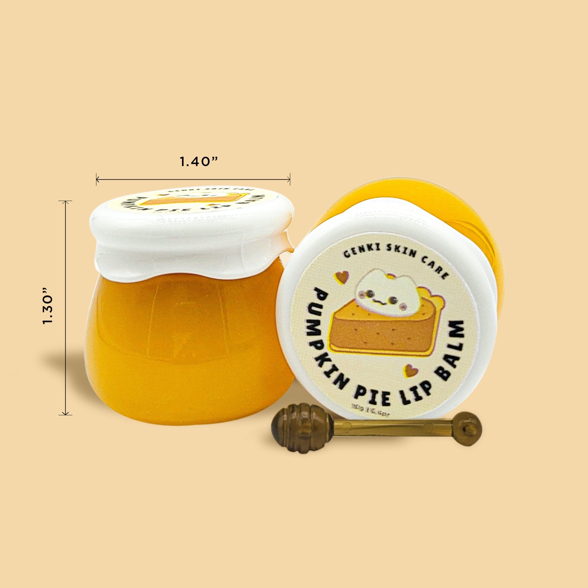 Lip balm jars, yellow and white with pumpkin pie label and wooden applicator, Genki Skin Care brand