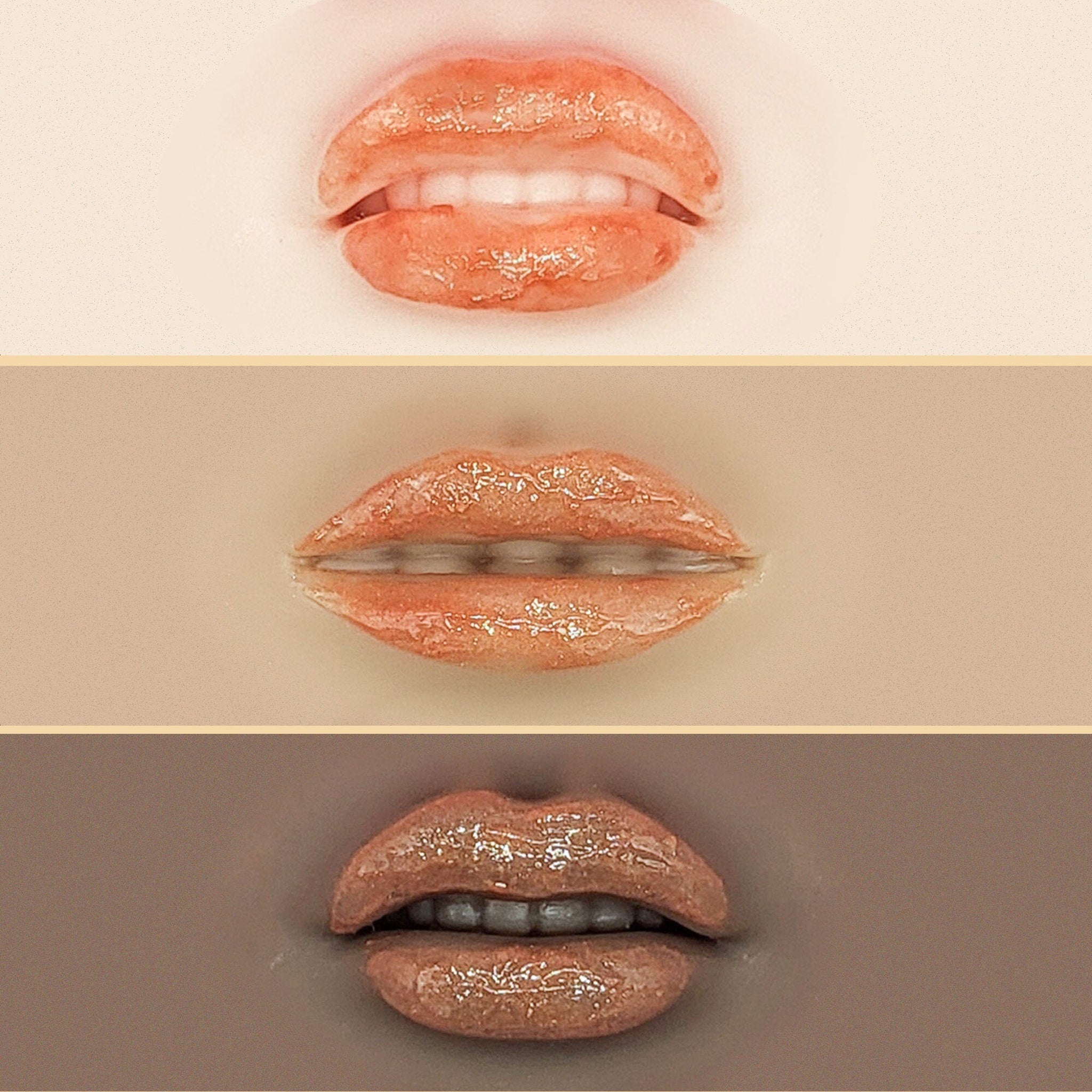 Lip gloss, glossy orange lips with visible teeth, three different skin tones shown