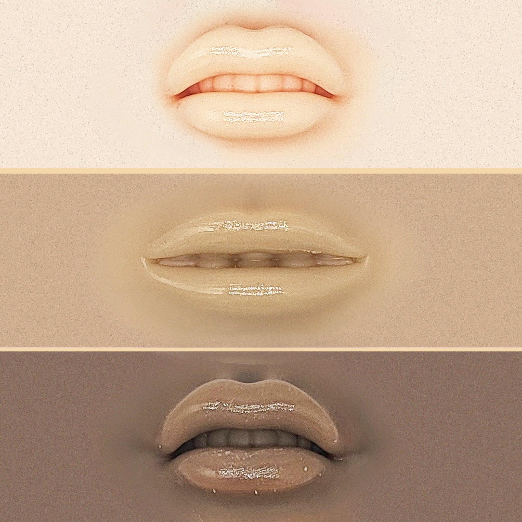 Lip gloss swatches in three skin tones, glossy finish, close-up view of lips