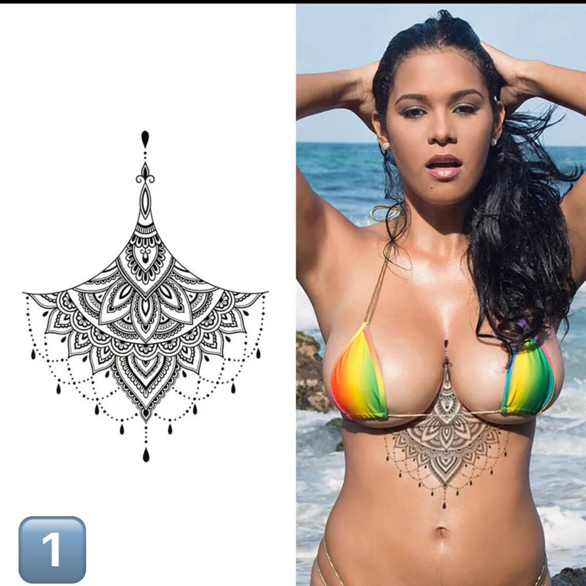 Delicate underboob tattoo with floral design on clean skin, showcasing temporary cosmetic application