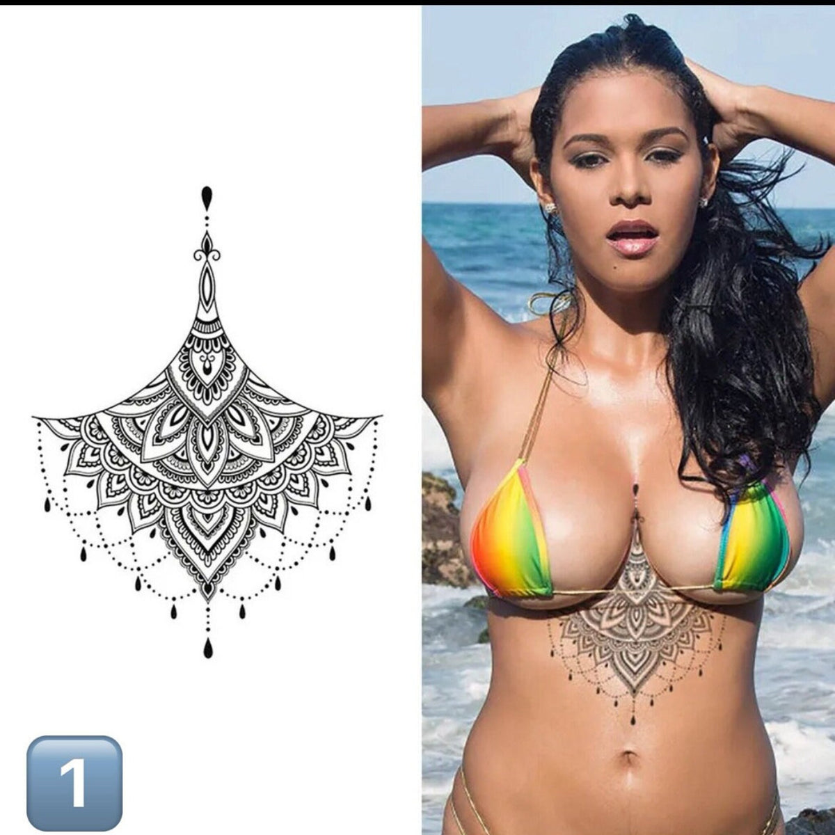 Delicate underboob tattoo with floral design on clean skin, showcasing temporary cosmetic application
