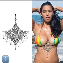 Delicate underboob tattoo with floral design on clean skin, showcasing temporary cosmetic application