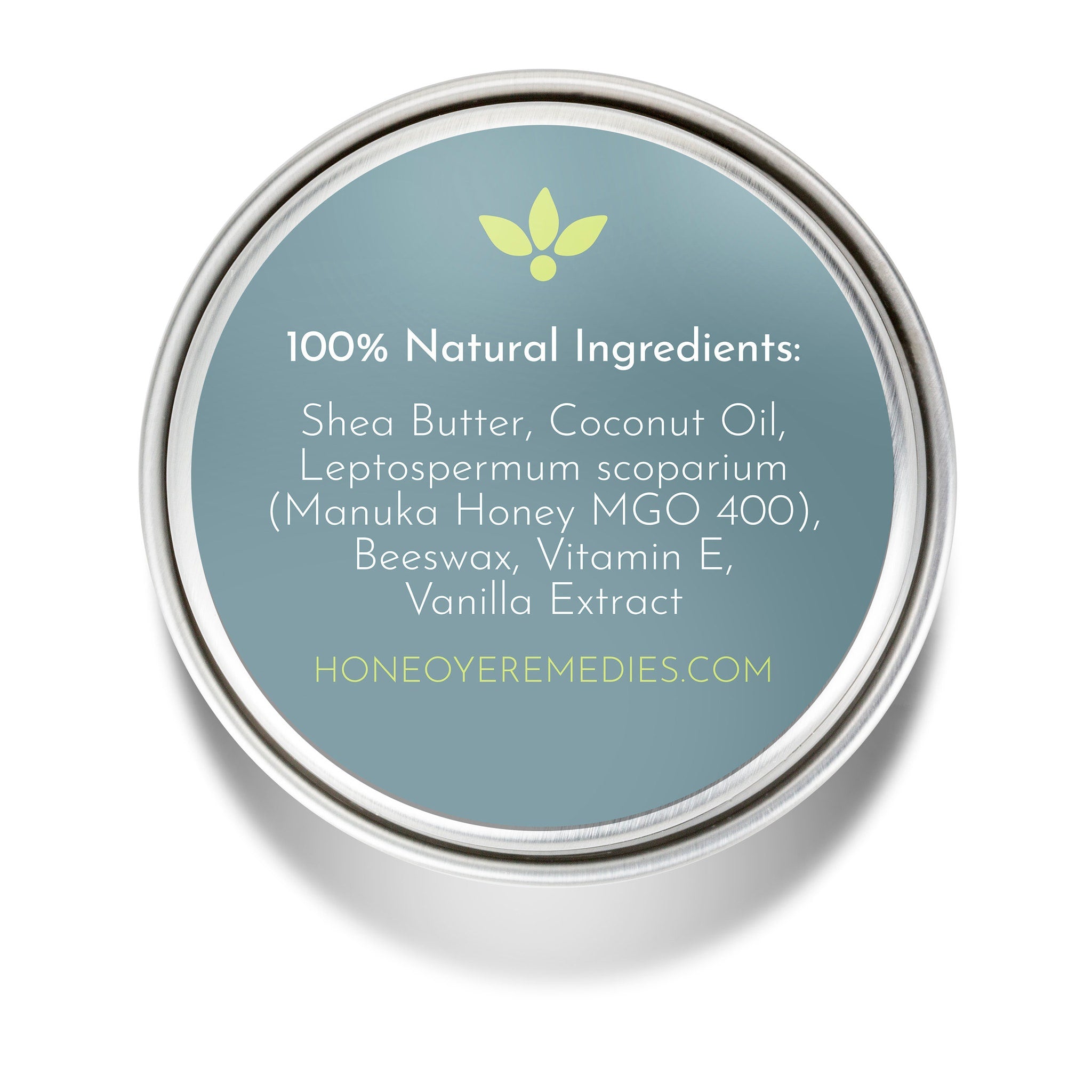 Natural ingredients label with teal background, silver rim, and white text HONEOYEREMEDIES.COM
