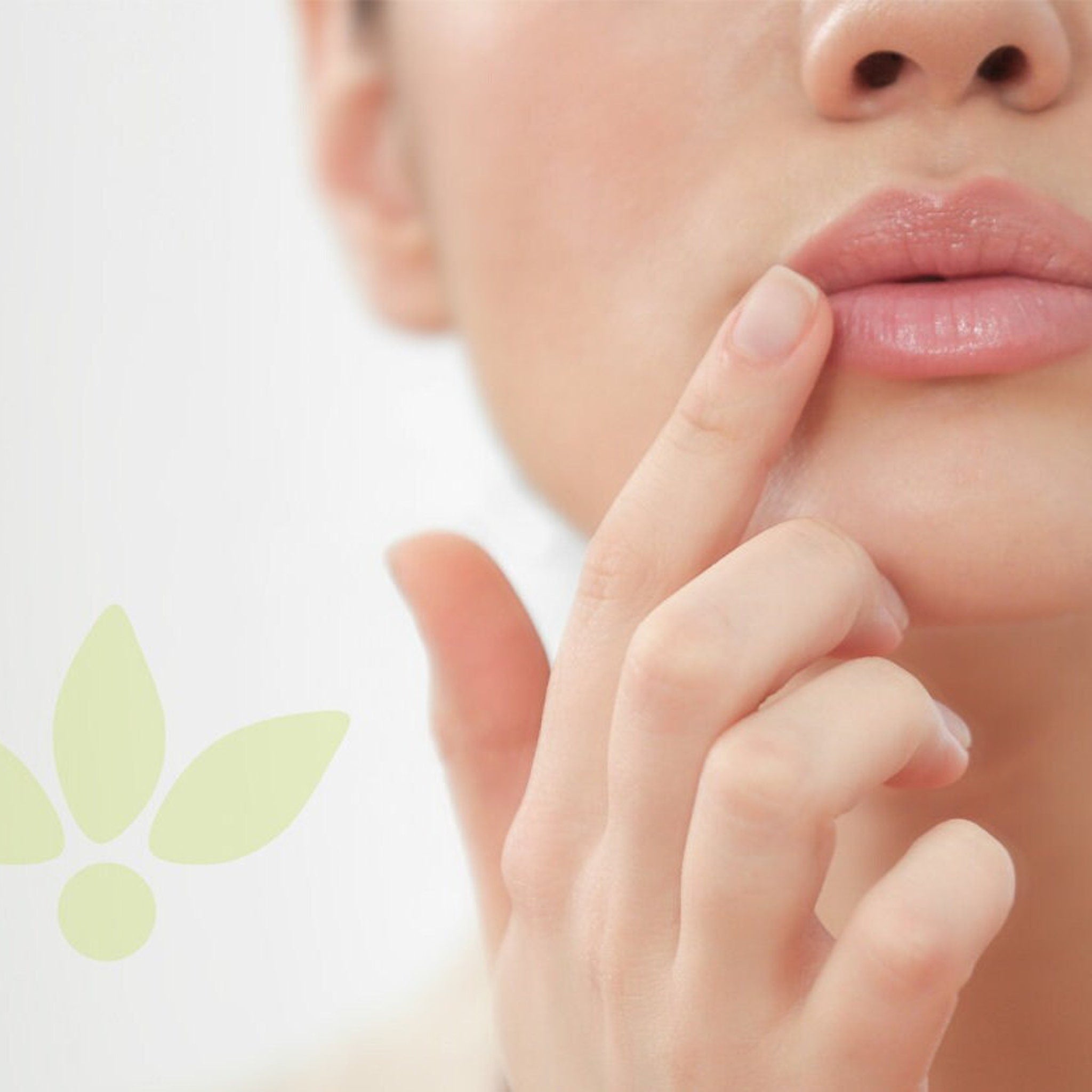 Lip care, pink lips, pale skin, finger touching lip