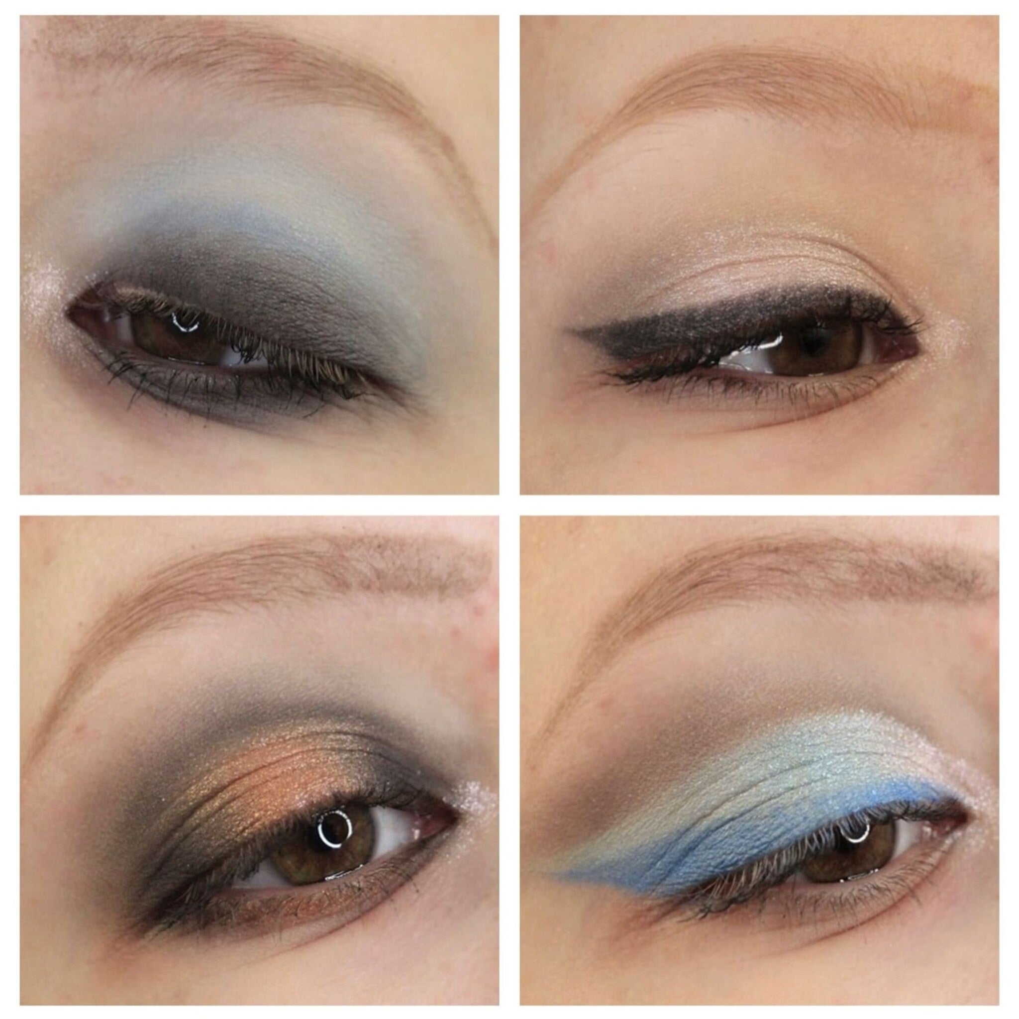 Eyeshadow makeup with blue, gray, and brown hues, applied to the eyelid for a makeup look