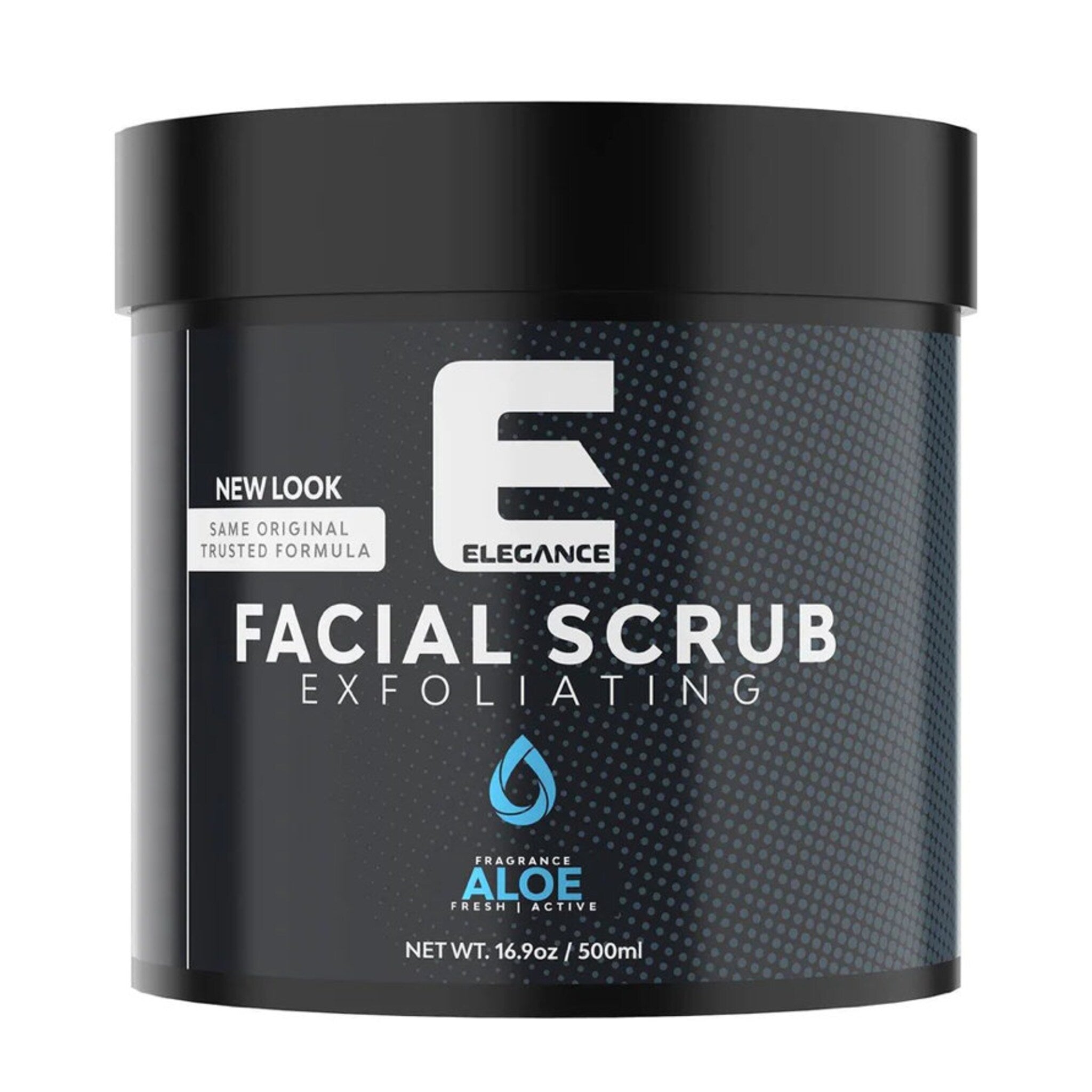 Facial scrub jar, black and gray with white text and dot pattern, by Elegance brand