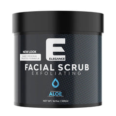Facial scrub jar, black and gray with white text and dot pattern, by Elegance brand