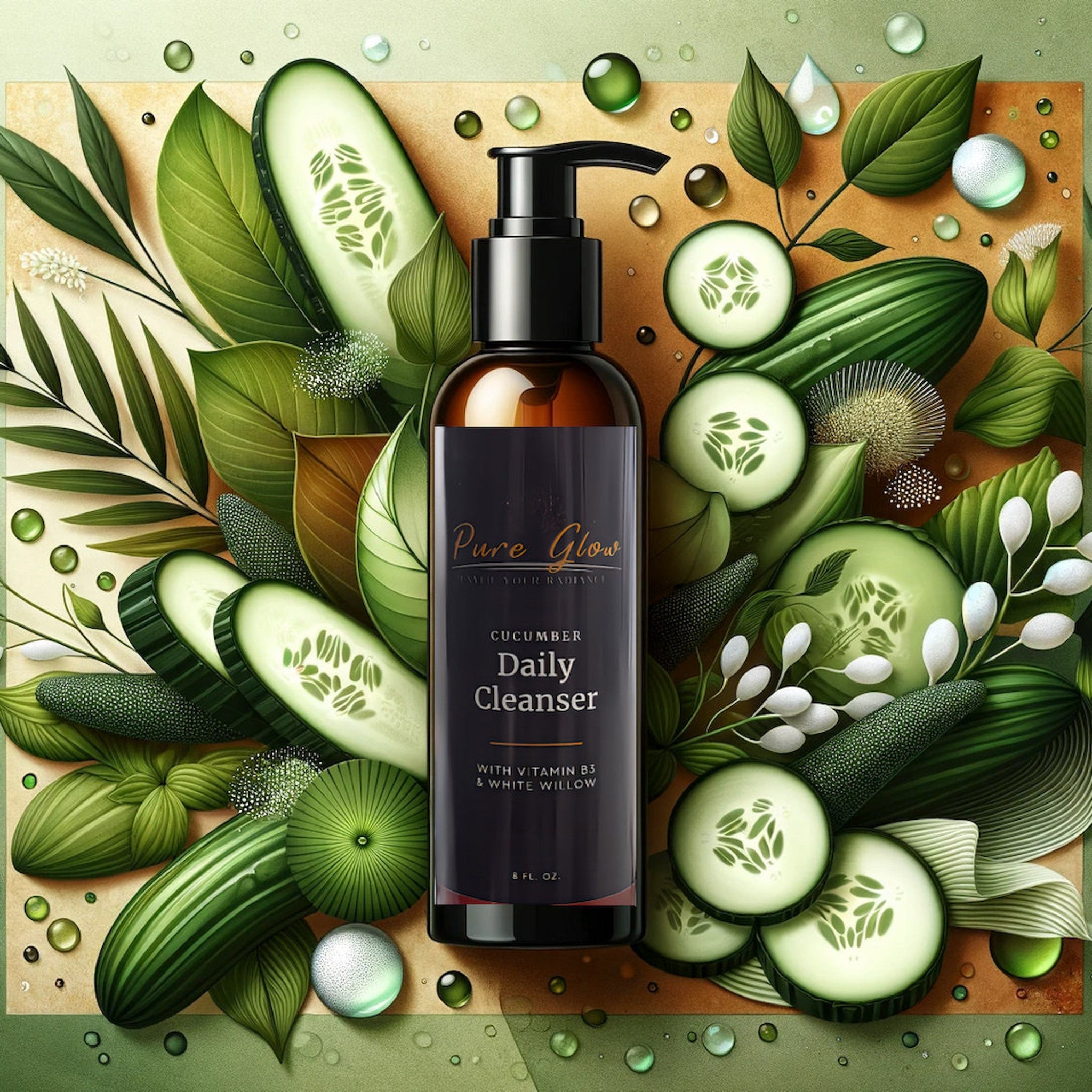 Cucumber Daily Cleanser bottle, brown and black, Pure Glow brand, surrounded by green leaves and cucumber slices
