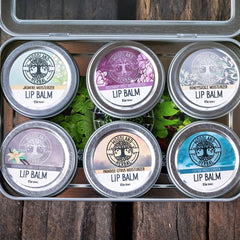 Lip balm tins, silver metal, with Woodland Herbal branding and various colored labels