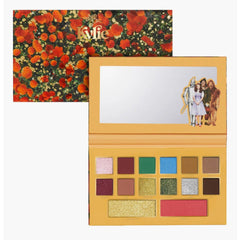 Eyeshadow palette with floral print cover, Wizard of Oz characters, and various eyeshadow colors