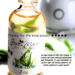 Toner bottle with Joyce Marie Skincare label, amber liquid, and glass bottle