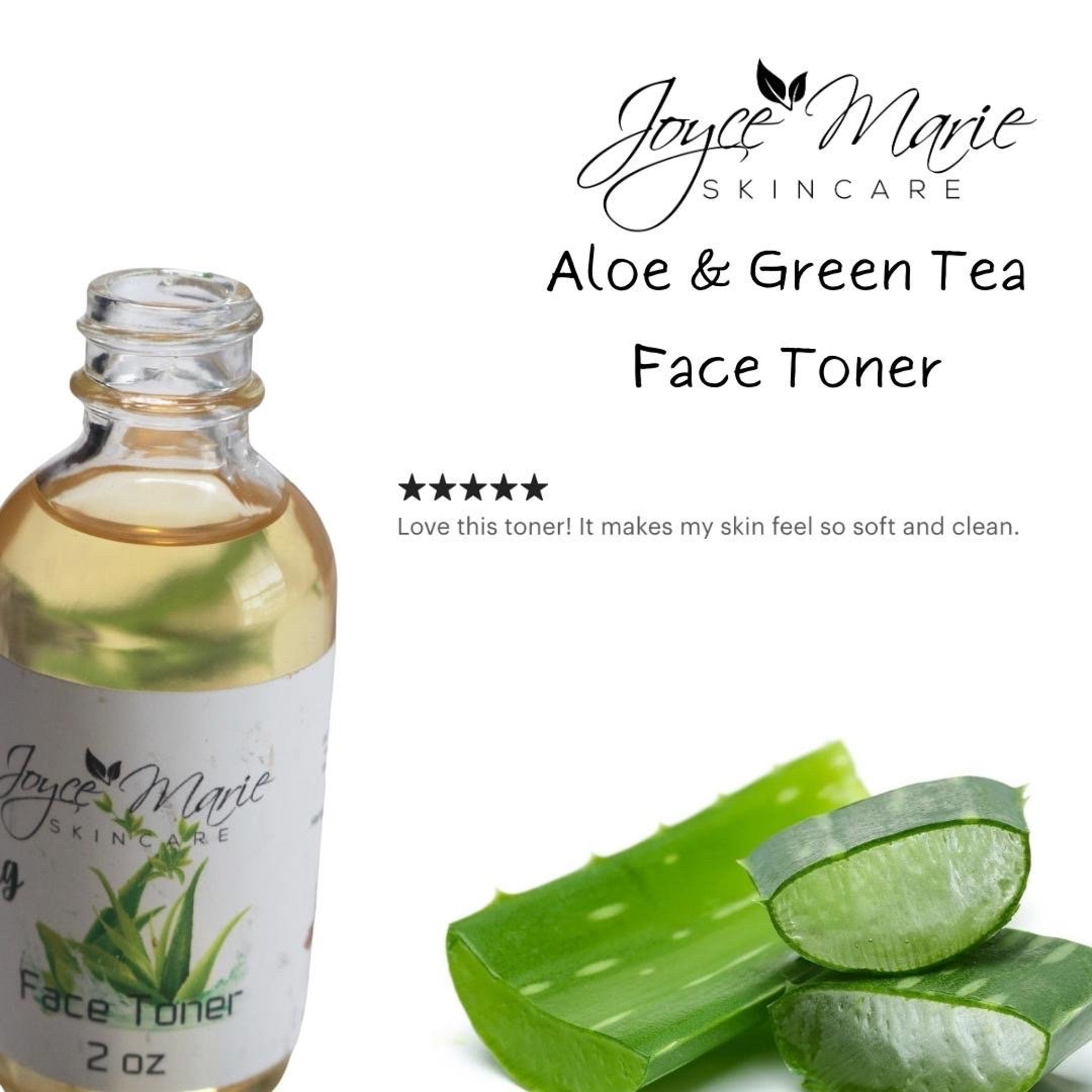 Face toner bottle with clear glass, yellow liquid, and Joyce Marie label, with aloe vera leaves