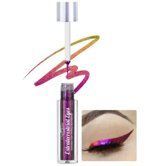 Eyeliner liquid with purple and gold shimmer, applicator, and eye makeup example.