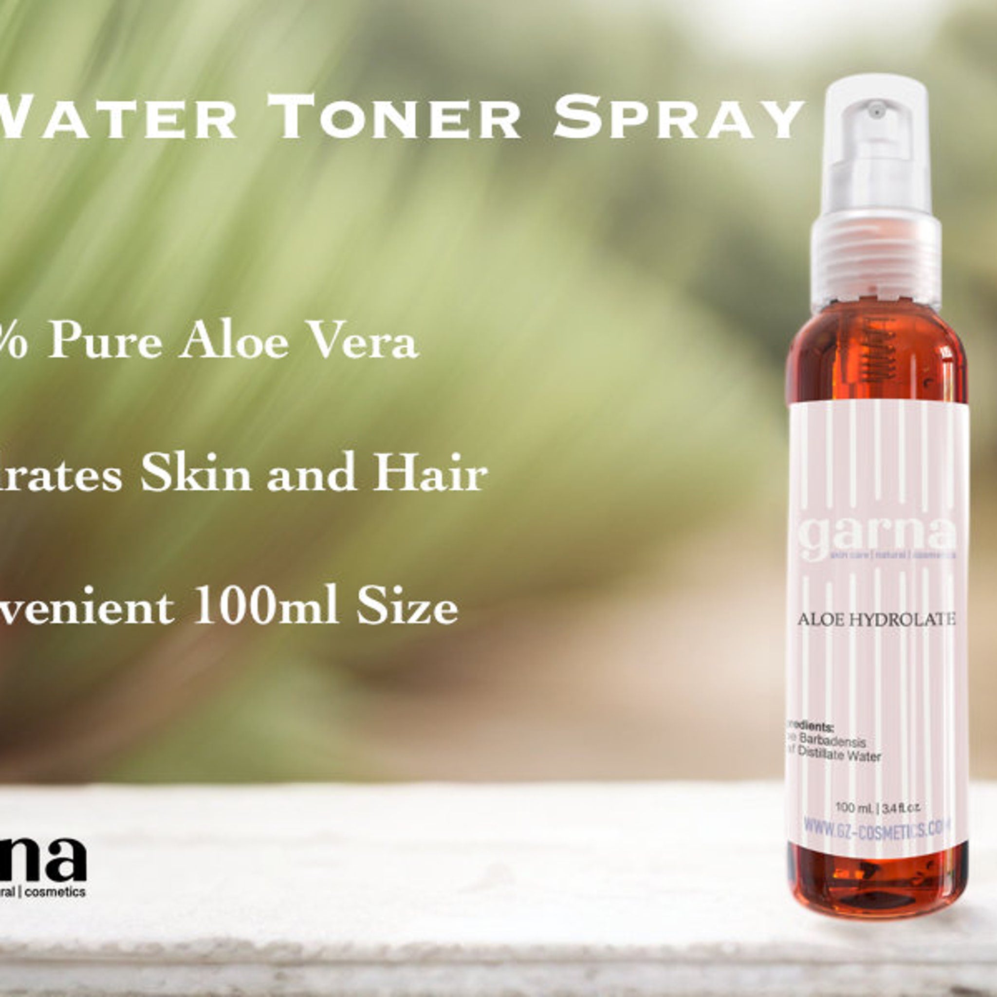 Toner spray bottle, amber liquid, white label with vertical stripes, "garna" brand visible