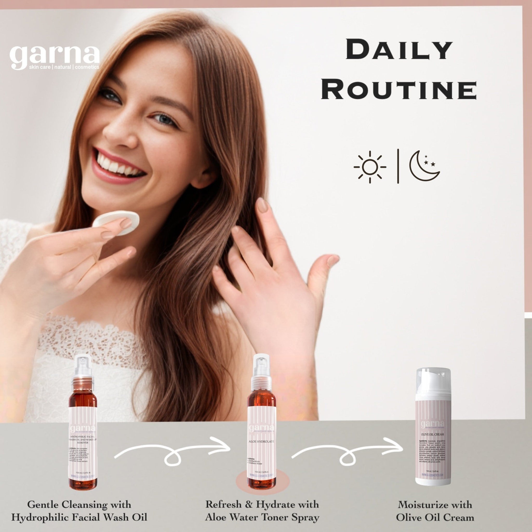 Daily skincare routine with woman, white background, and garna products in bottles and cream jar