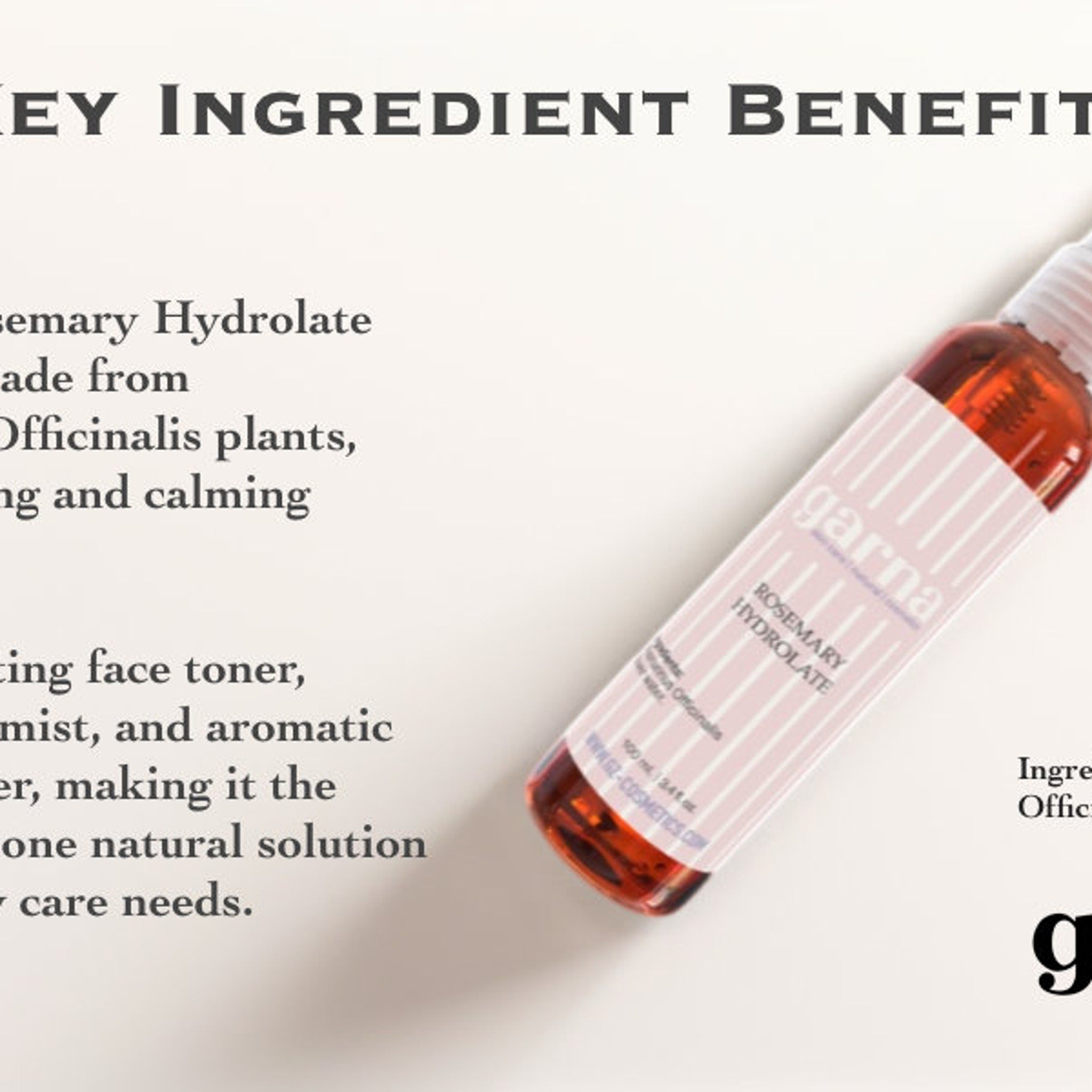 Rosemary Hydrolate bottle with pink and white striped label, clear liquid, and "garna" text on label