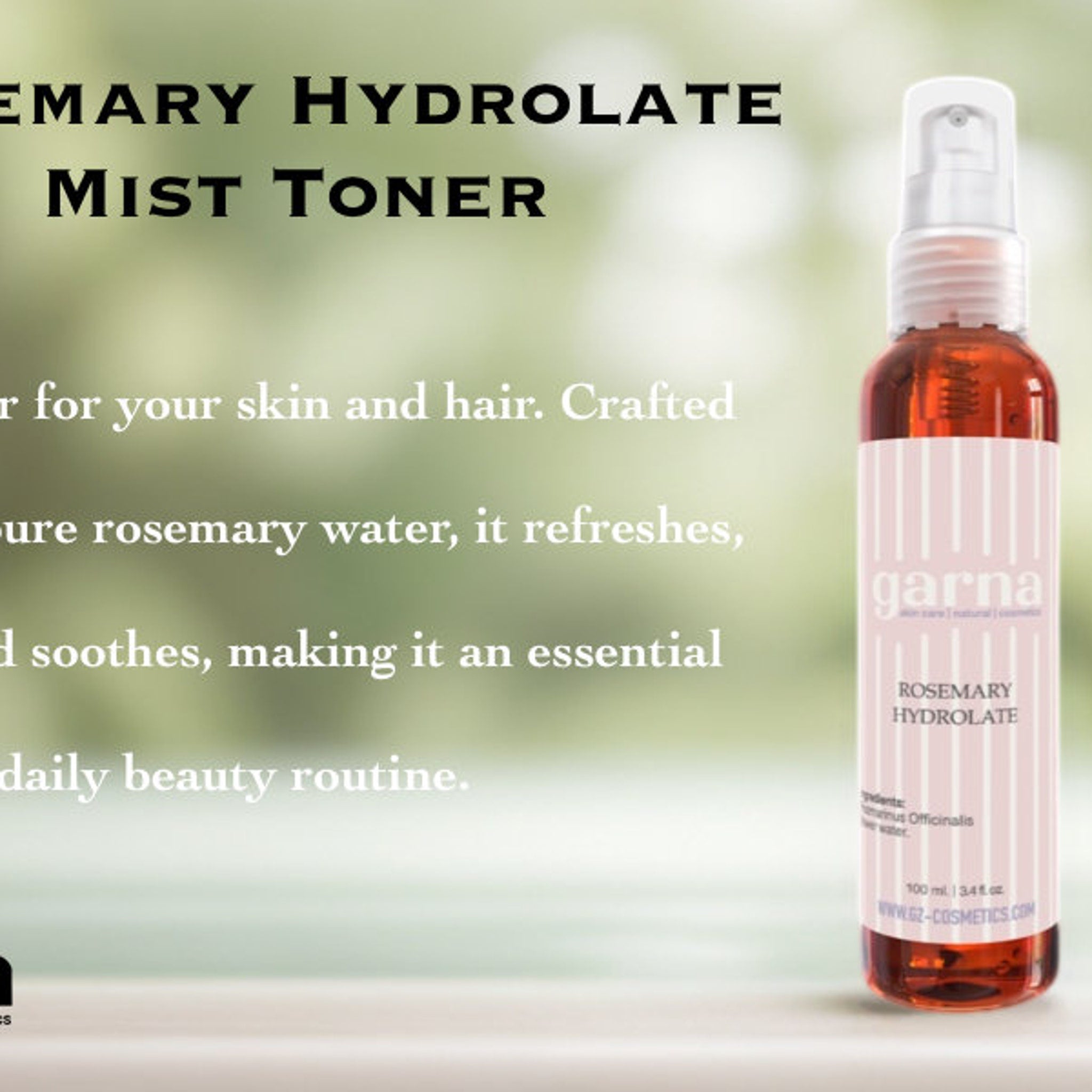 Rosemary Hydrolate mist toner bottle, clear glass, pink striped label, by Garna