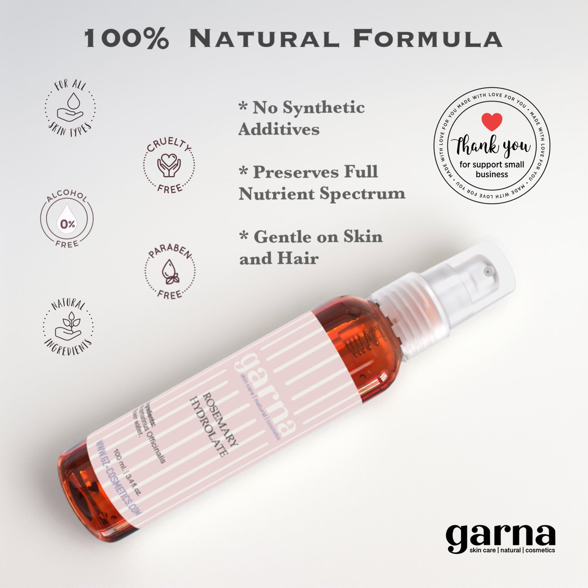 Rosemary Hydrolate bottle, clear glass, pink label, garna brand, for skincare use