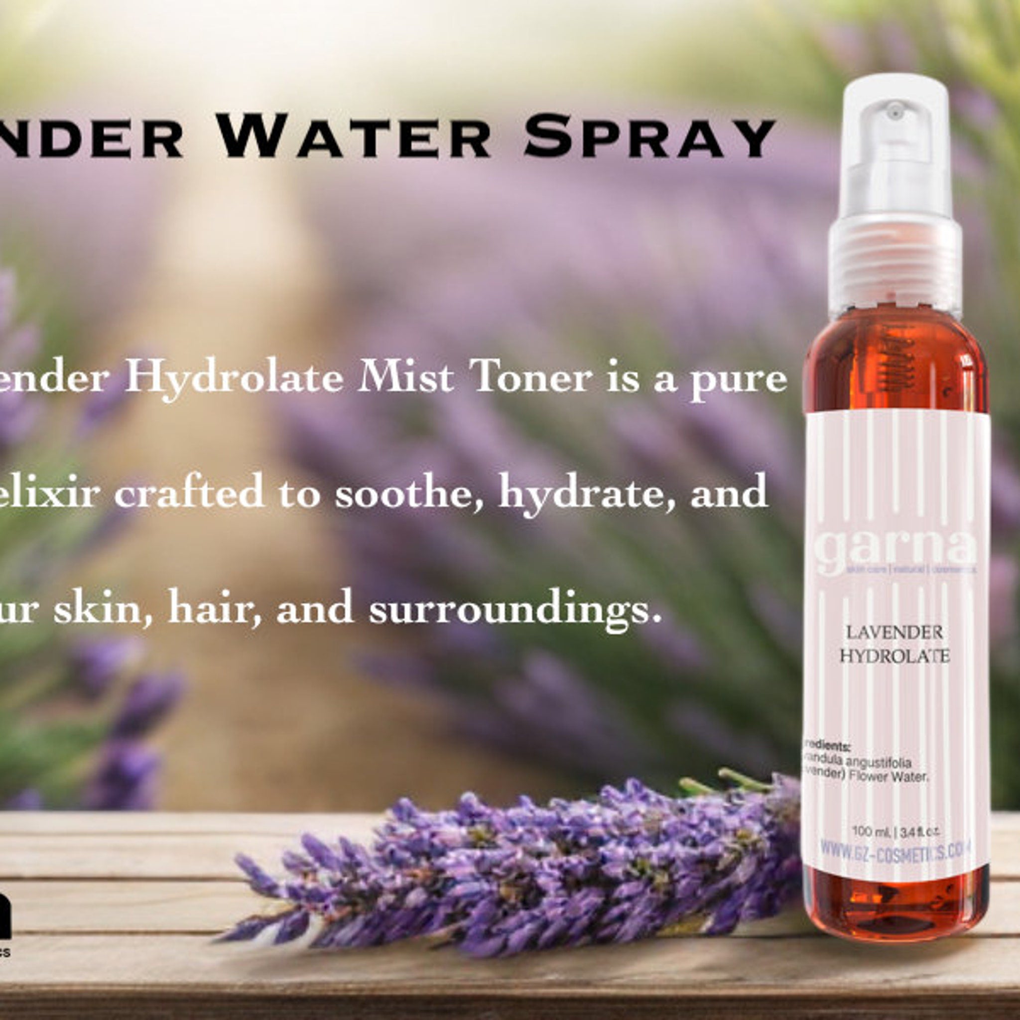 Lavender water spray bottle with clear liquid, white label and "garna" text, purple flower in front