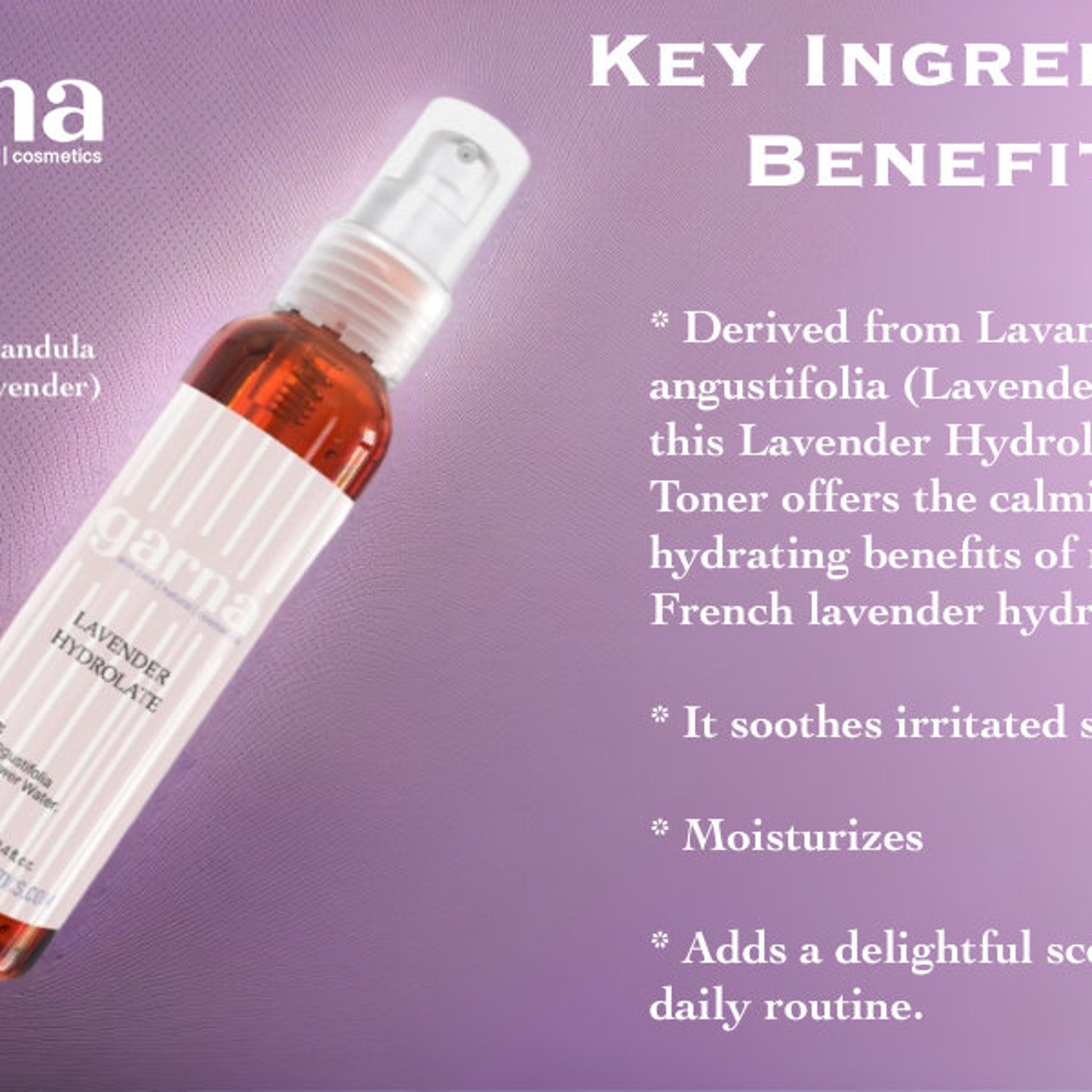 Lavender Hydrolate spray bottle, clear glass, orange liquid, with "garna" brand label.