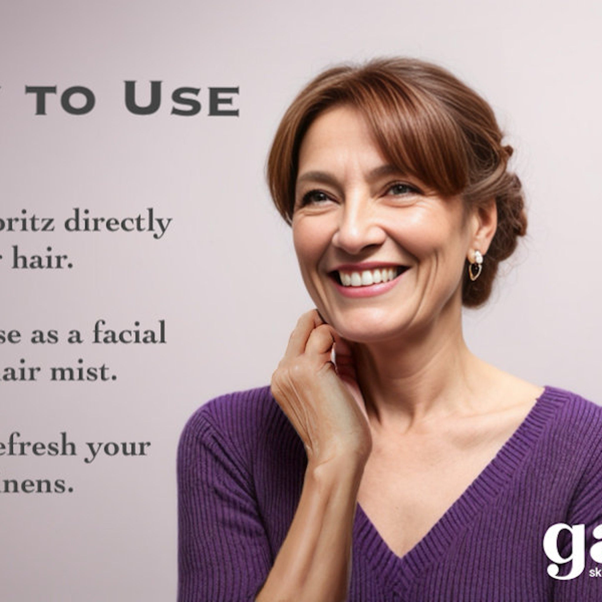 Woman smiling, wearing purple ribbed sweater, brown hair styled up, holding hand to neck, with text in background