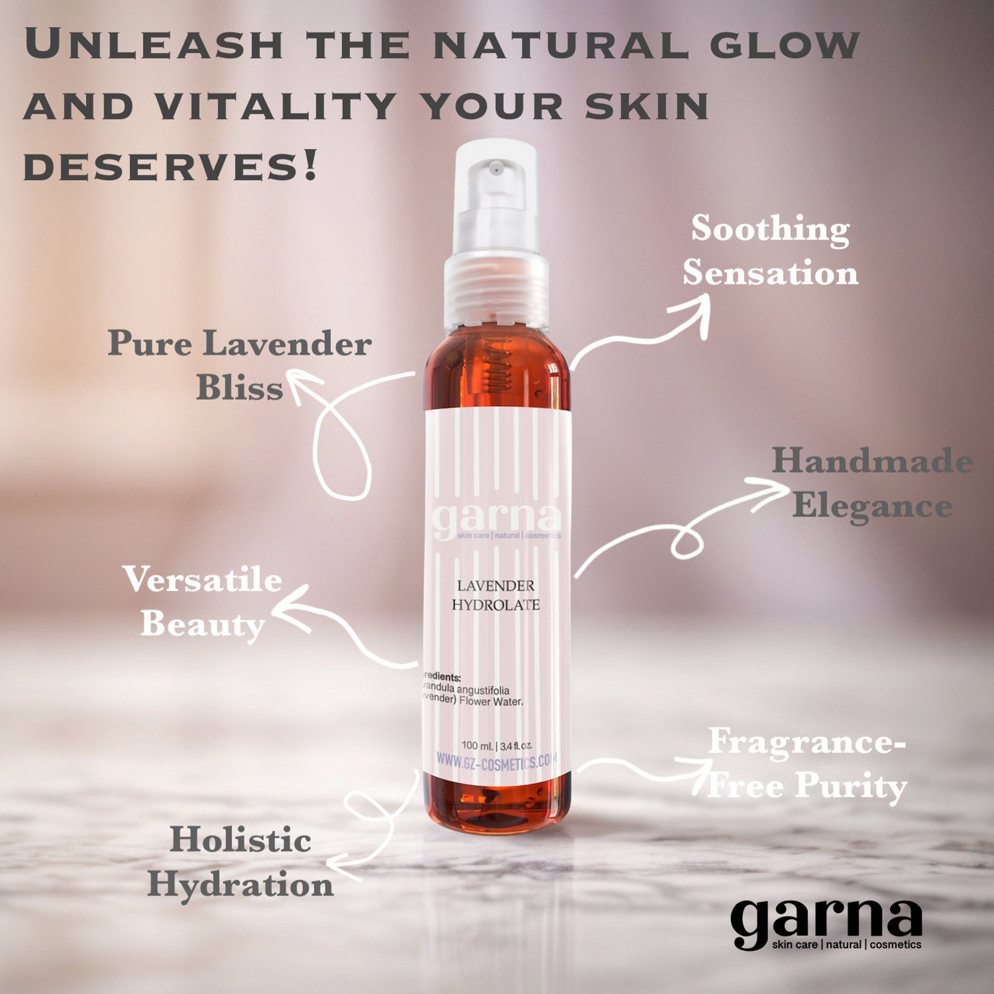 Lavender Hydrolate bottle, clear glass, brown liquid, with garna brand name visible.