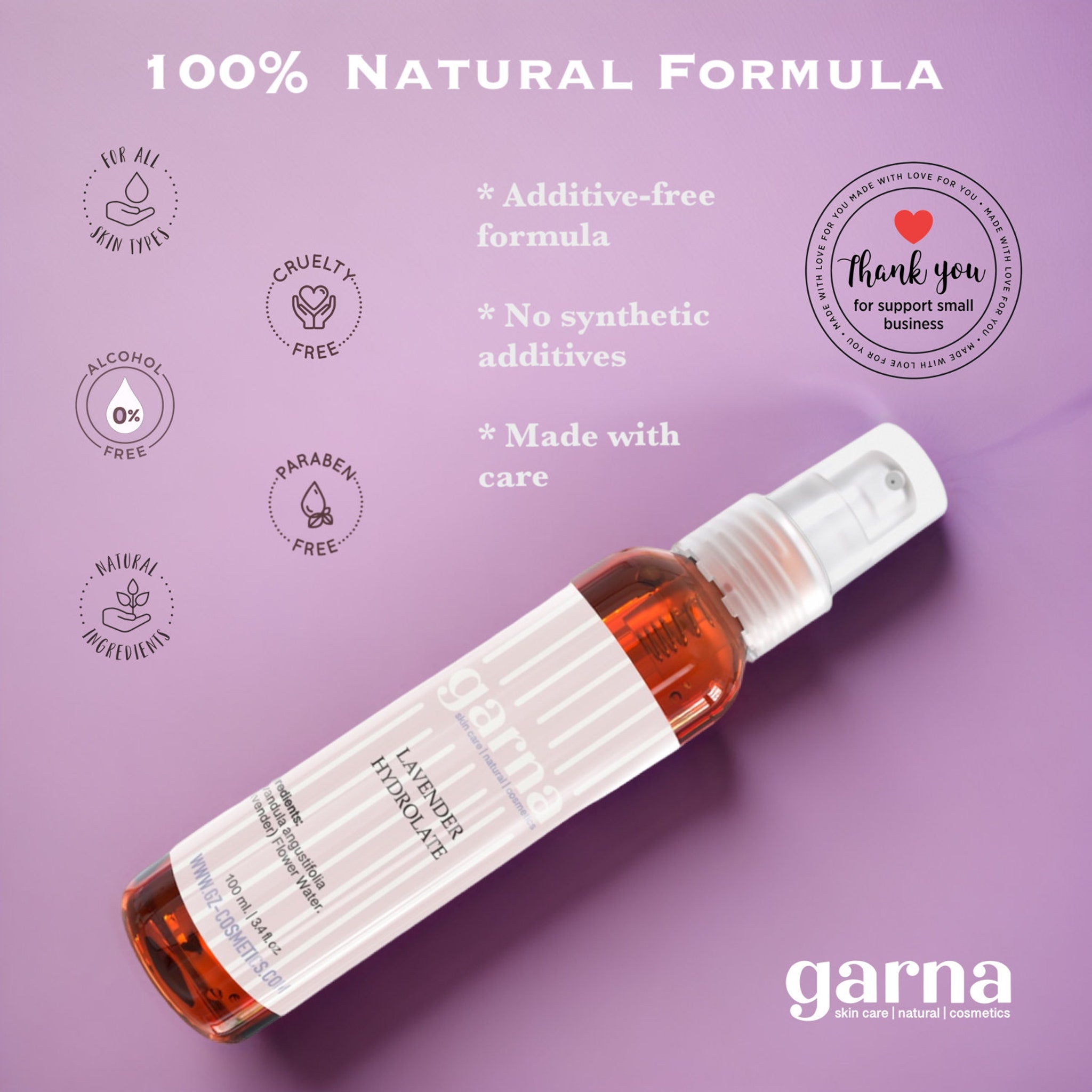 Lavender Hydrolate spray bottle, clear glass, white label, garna brand, purple background