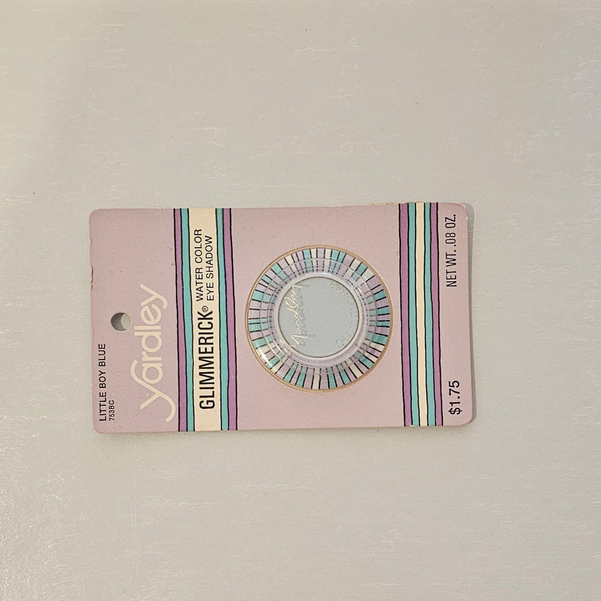 Side view of vintage Yardley Mod Glimmerick eyeshadow in Little Boy Blue, showcasing mint condition card packaging