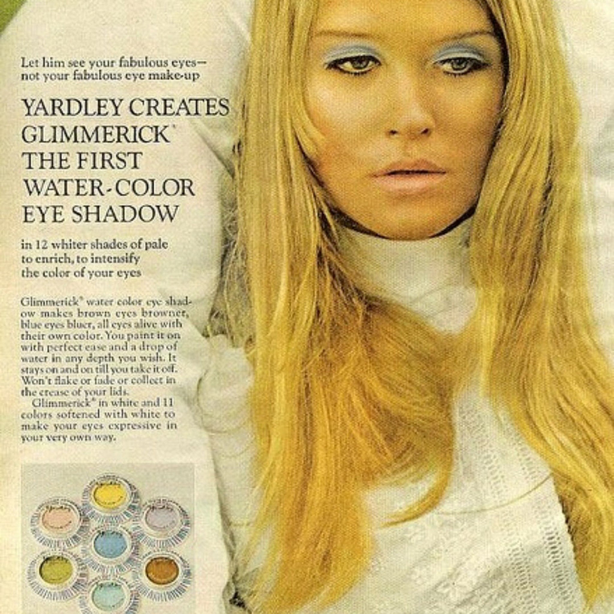 Close-up of Vintage Yardley Mod Glimmerick Eyeshadow in Little Boy Blue, showing shimmer texture on mint-condition card
