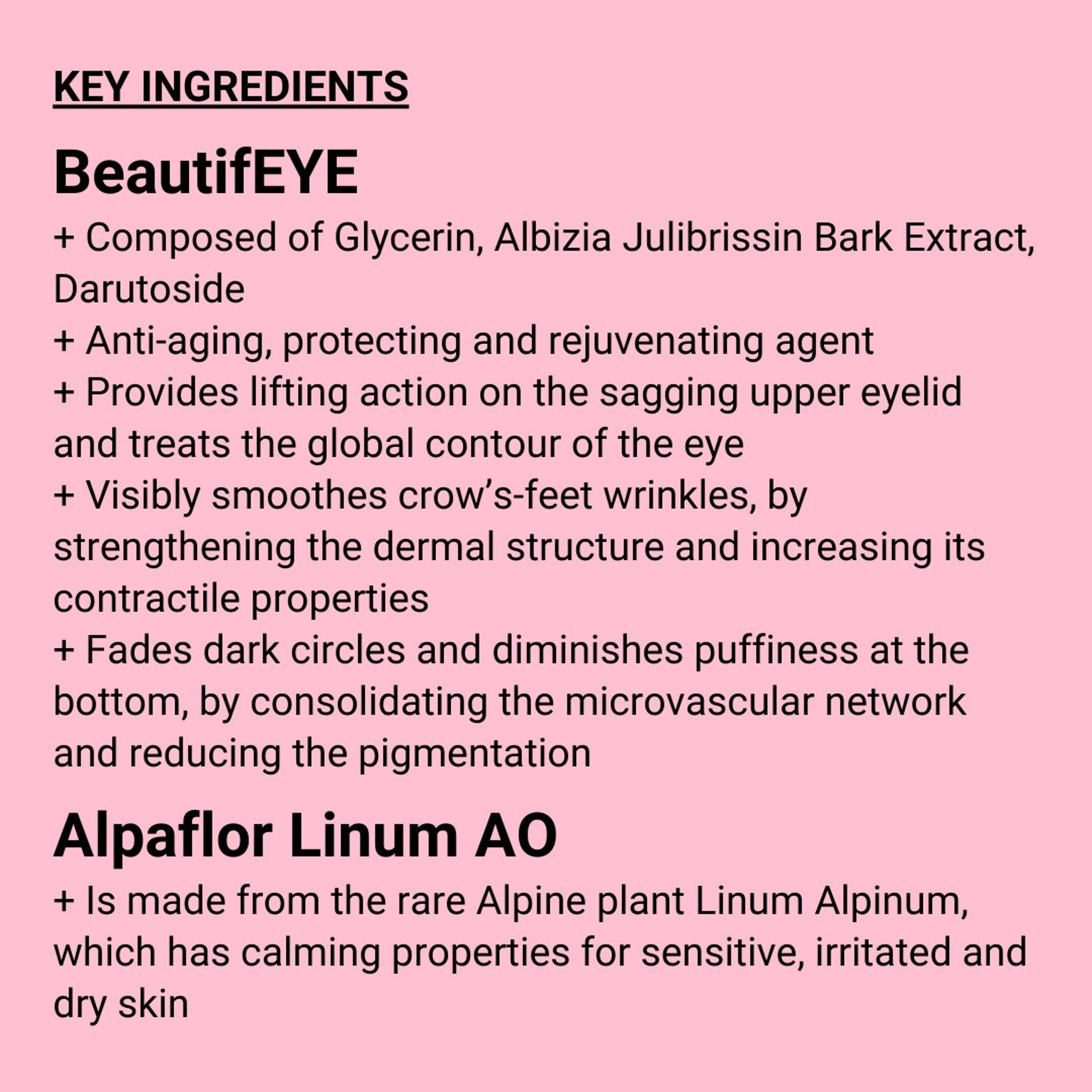 BeautifEYE ingredient list on pink background with black text, listing key ingredients and benefits