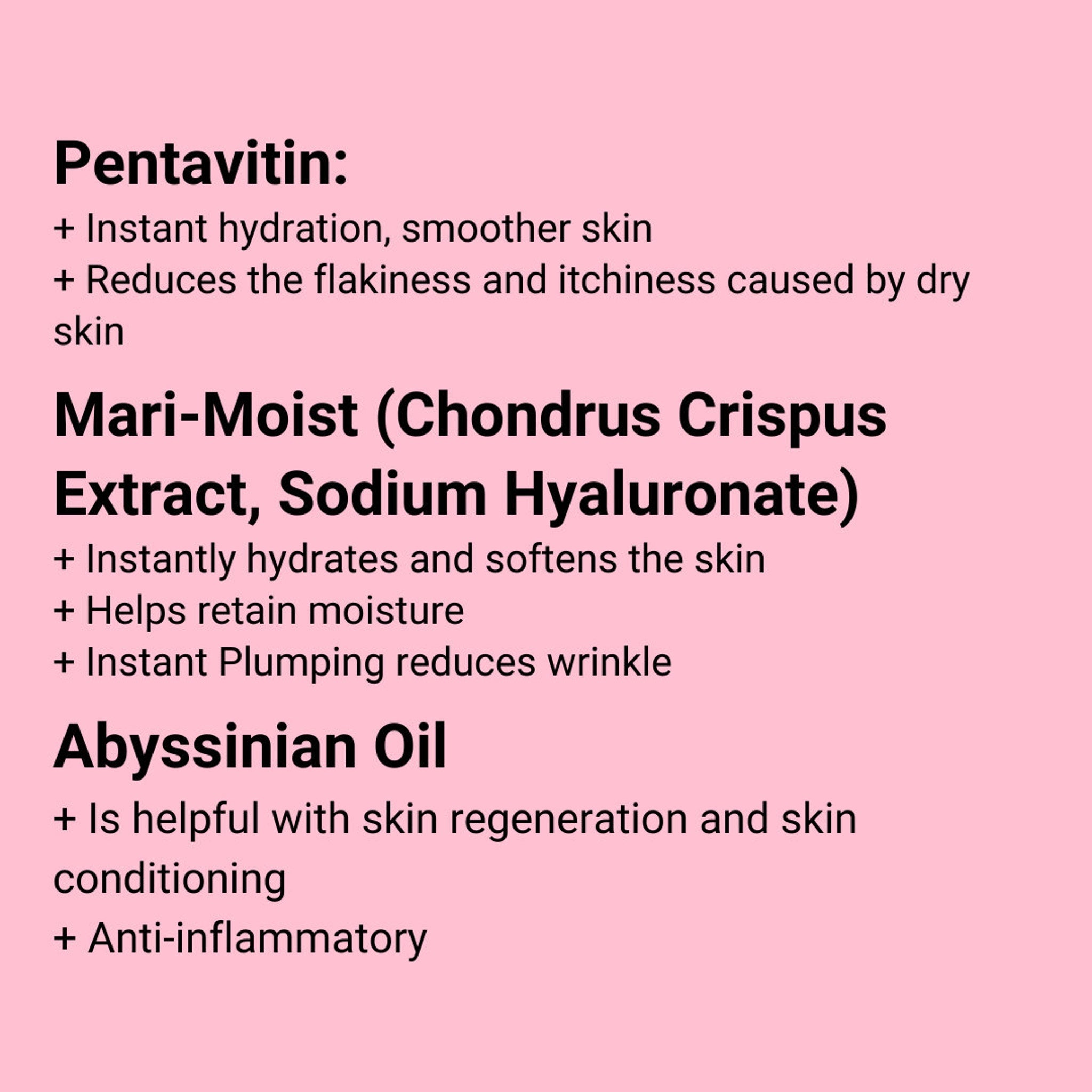 Skincare ingredients list on pink background with black text, for skin hydration and conditioning