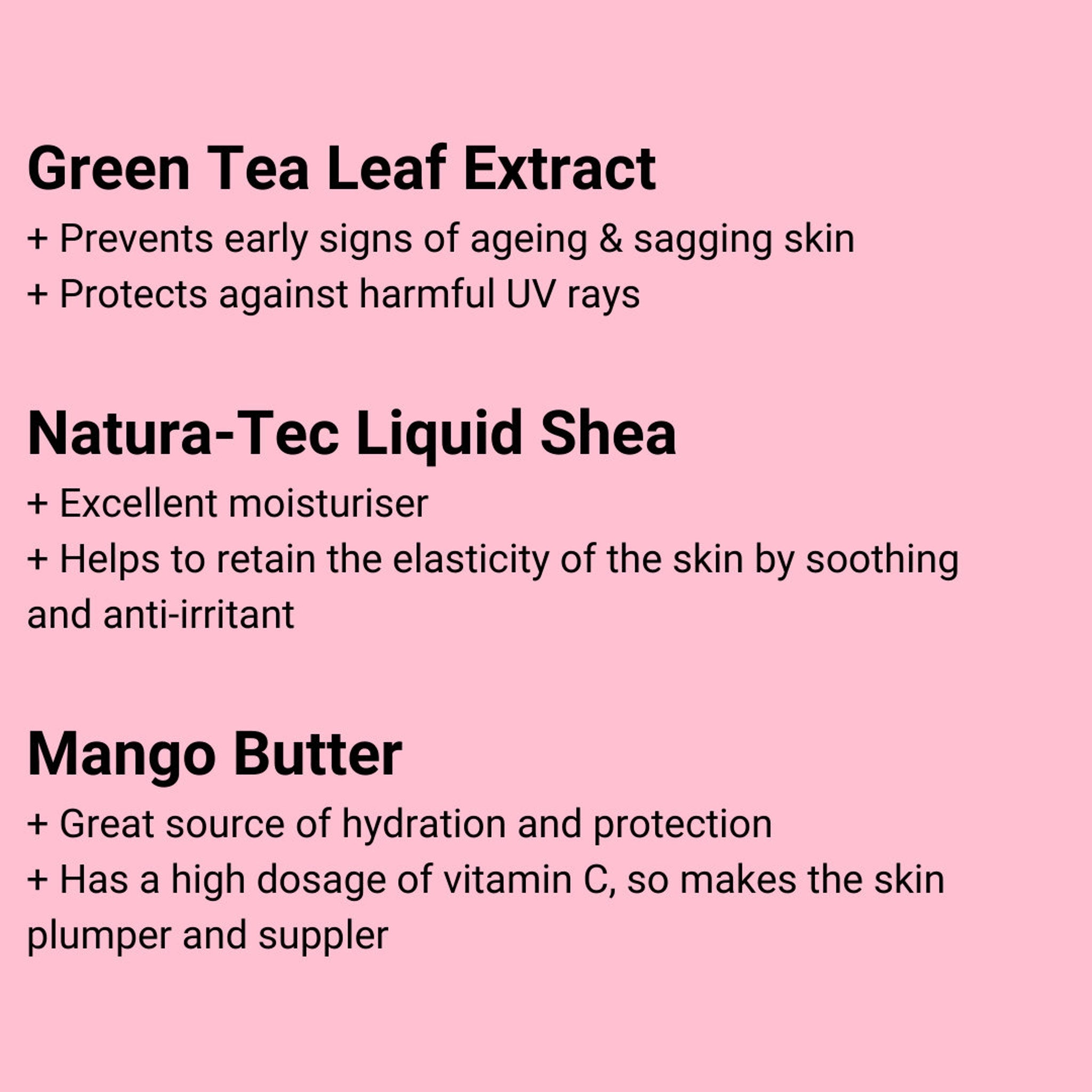 Green Tea Leaf Extract text on pink background with benefits list, black text, white plus signs