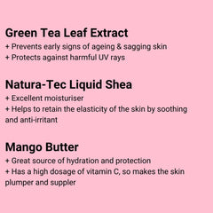 Green Tea Leaf Extract text on pink background with benefits list, black text, white plus signs