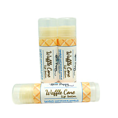 Waffle cone lip balm with clear cap, yellow and orange pattern, Blue Poppy brand