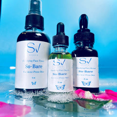 Face serum bottles with black caps, white labels, and So-Bare text, for acne-prone skin, with SV logo.