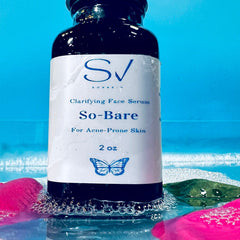 Facial cleanser bottle with white label, dark glass, and So-Bare text on display