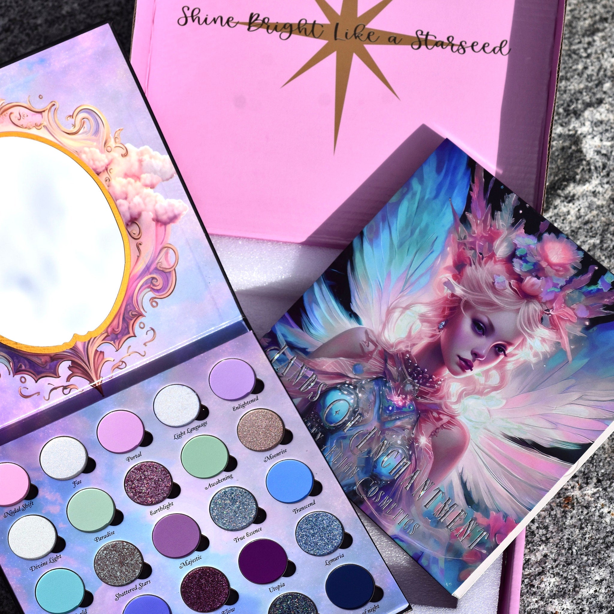 Close-up of duochrome eyeshadows shifting between purple, green, and gold in holographic palette pan