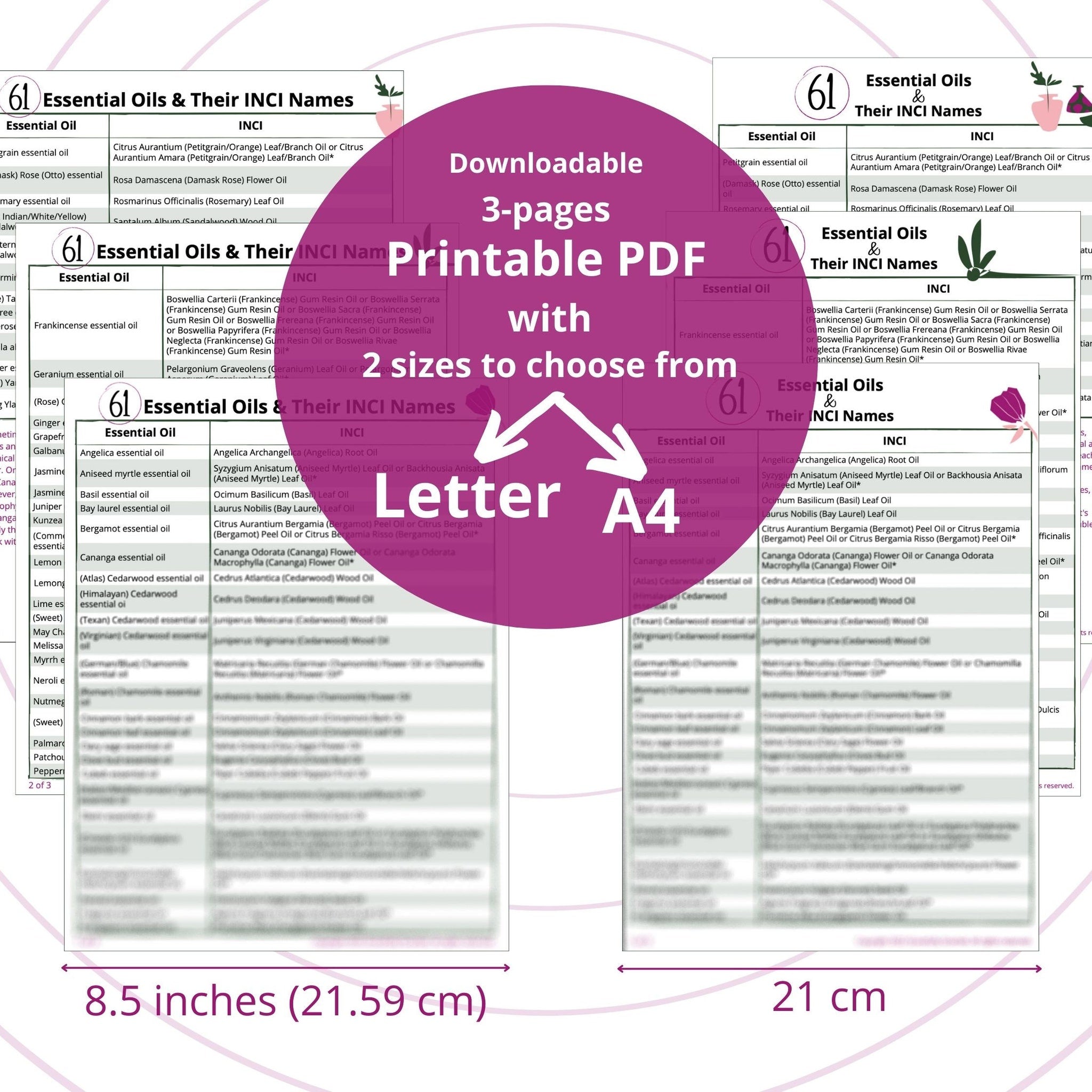 Essential Oils chart with purple accents, white text, and Letter/A4 sizes