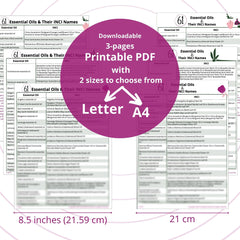 Essential Oils chart with purple accents, white text, and Letter/A4 sizes