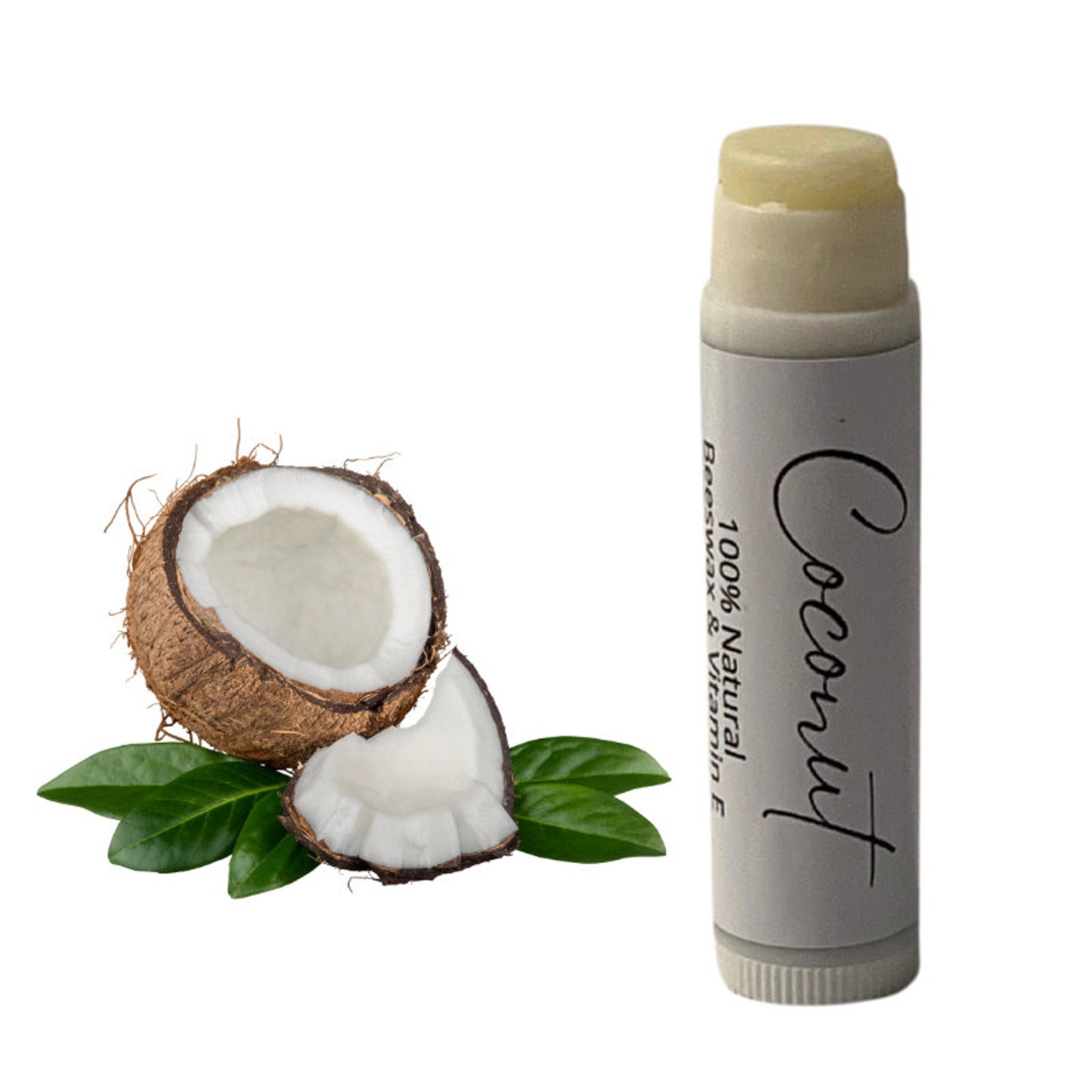Lip balm with coconut, white tube, and "Coconut" text label on tube