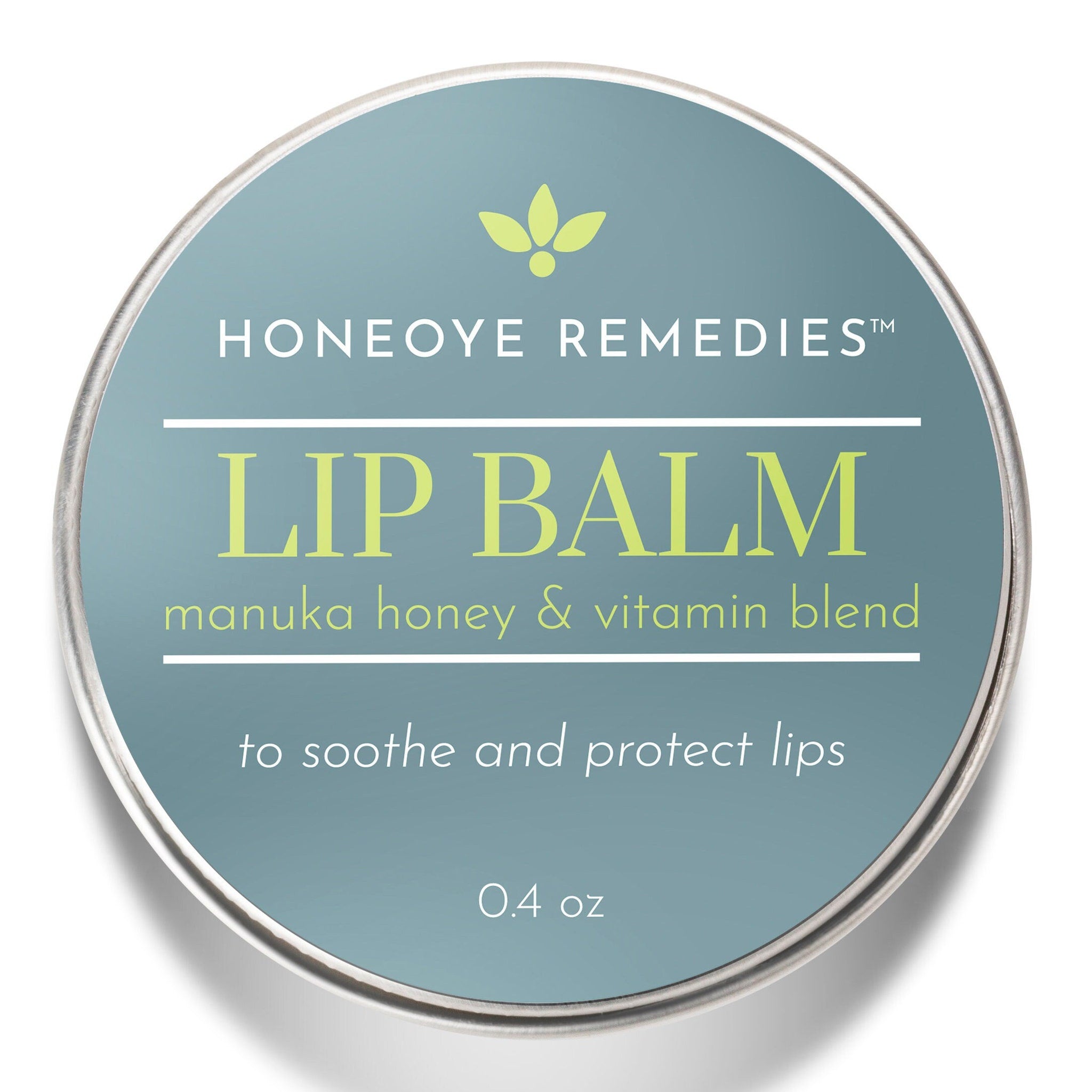 Lip balm in round metal tin with blue background and Honeoye Remedies text