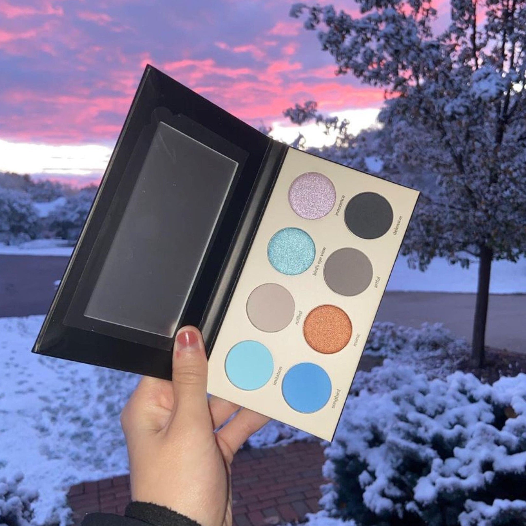 Eyeshadow palette with multiple colors, including blue, gray, and orange, held in hand in front of a snowy background