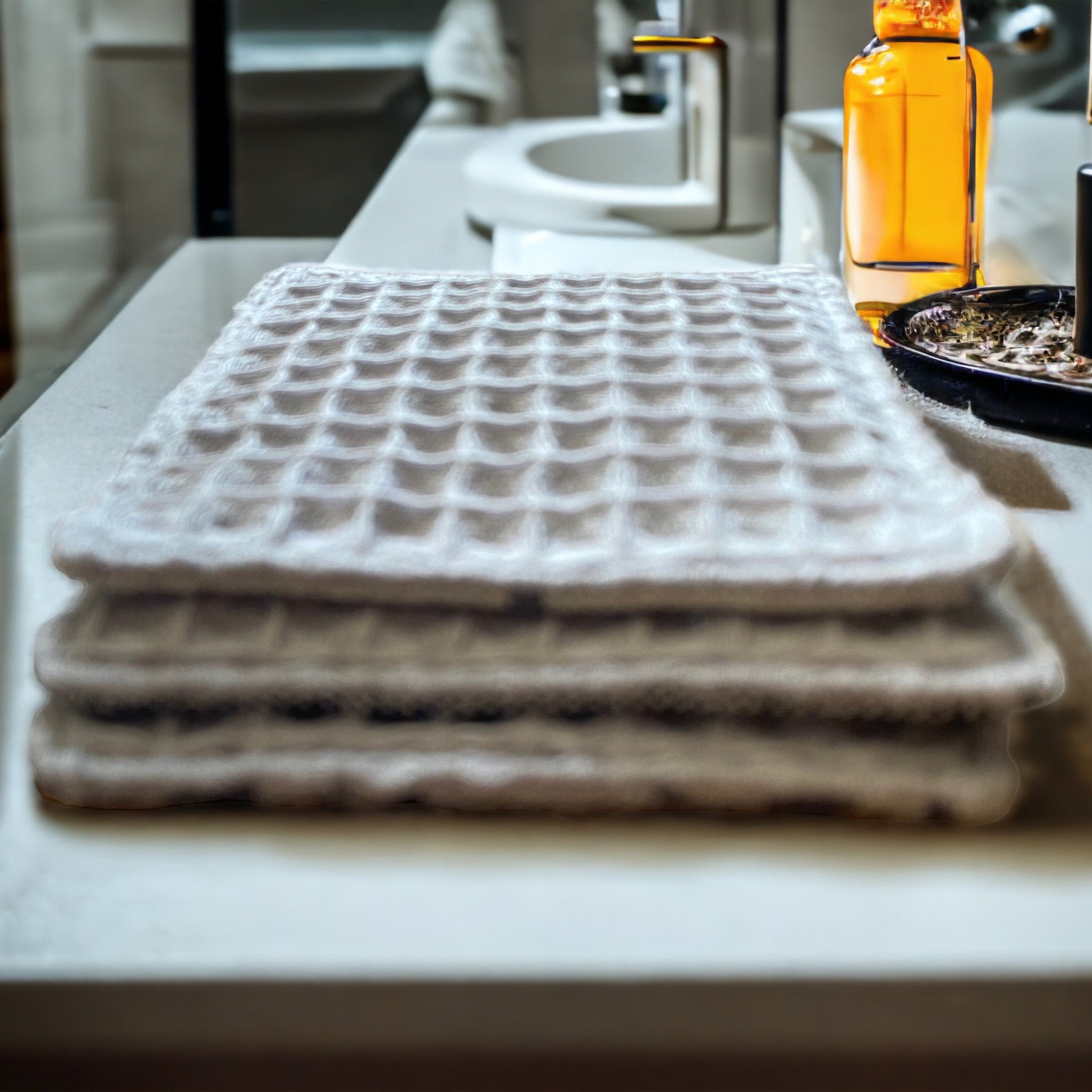 Waffle weave towels, white, stacked on a countertop in a bathroom setting