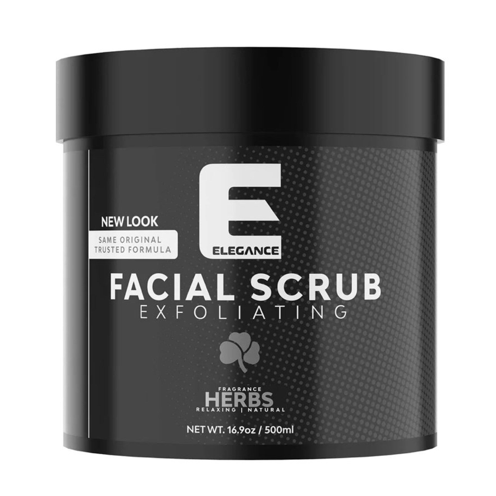 Facial scrub in black container with white text and dot pattern background, "ELEGANCE" label