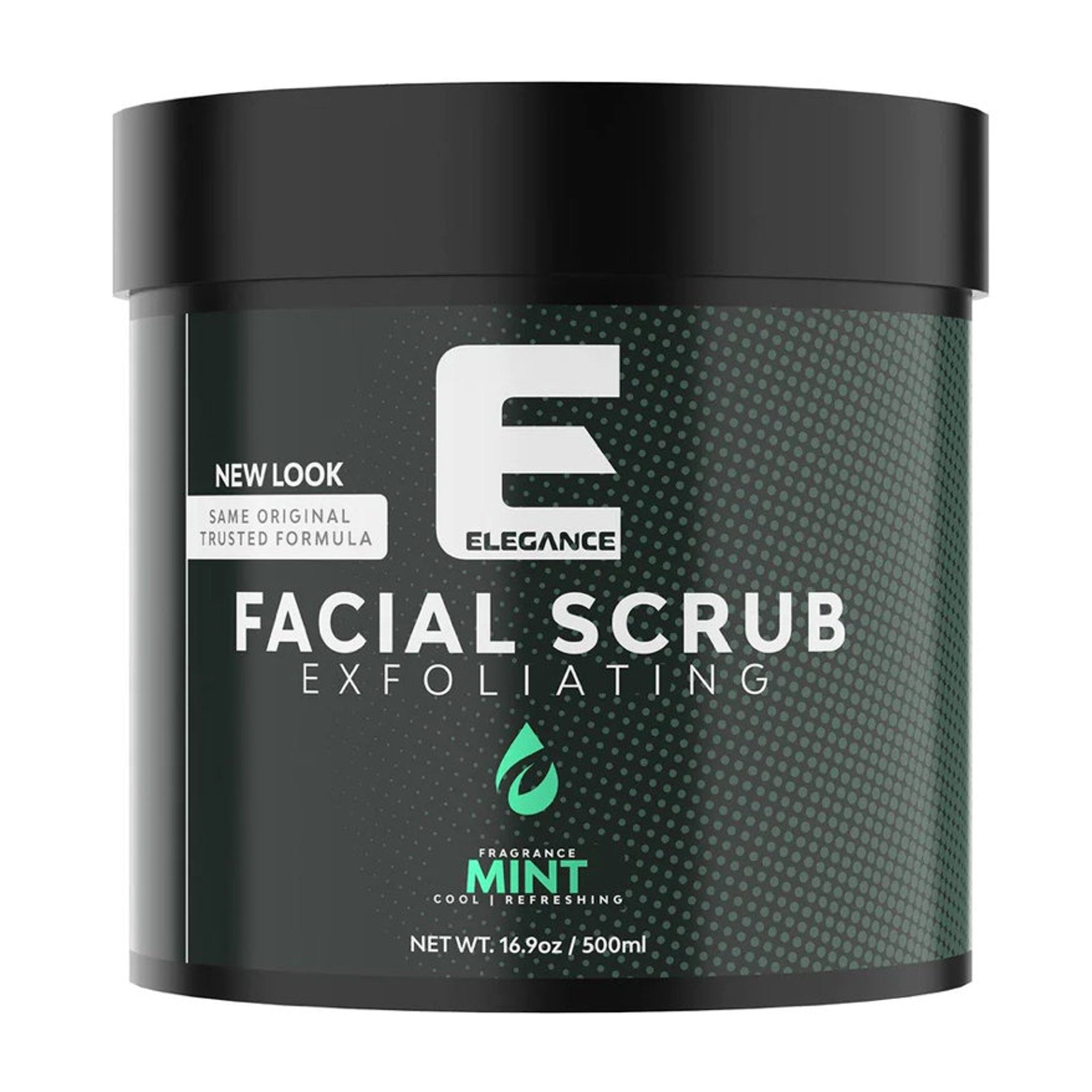 Facial scrub container, black and green, mint fragrance, with dot pattern on the side